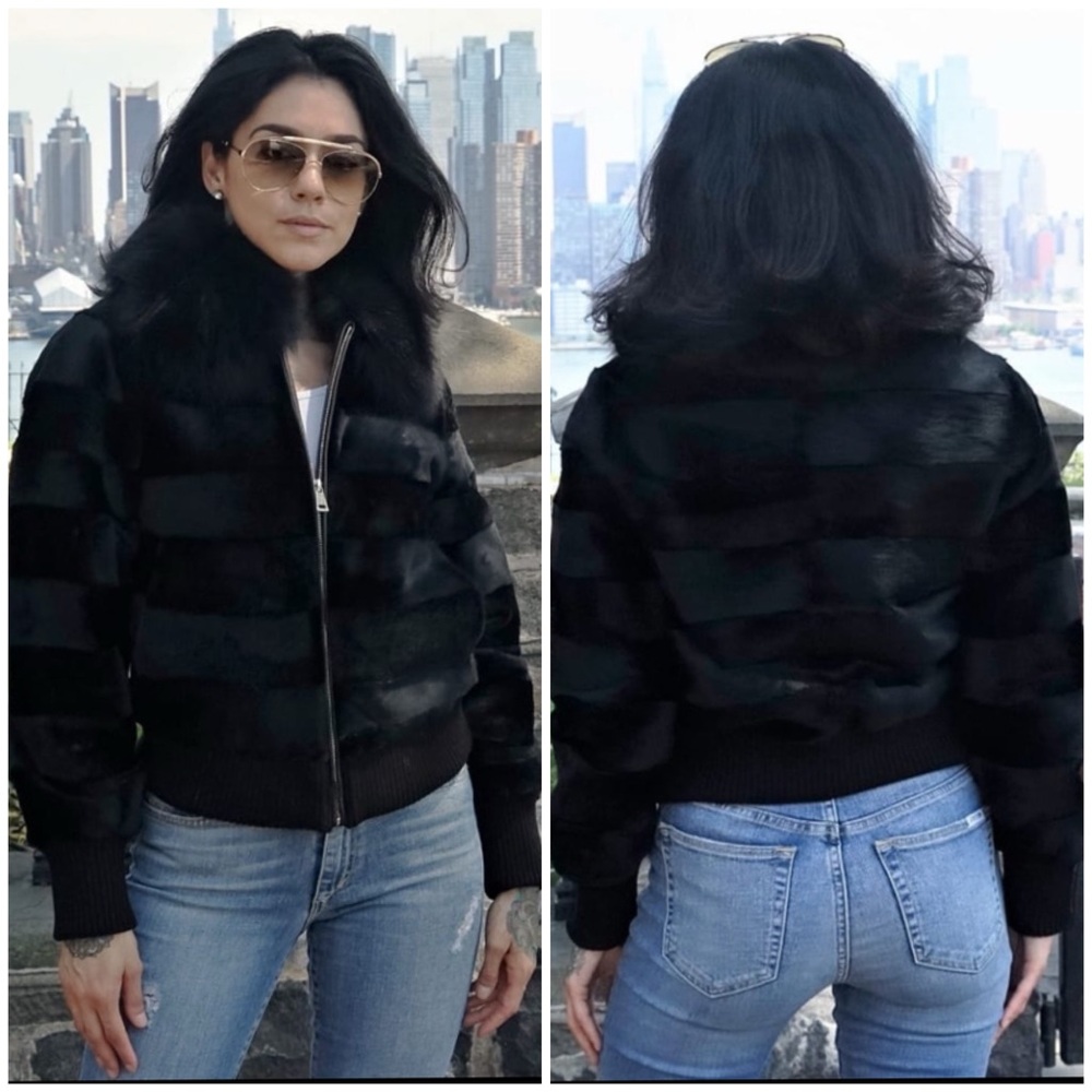Mark Kaufman Black Sheared Rex Bomber Jacket Black Fox Collar‎ Knit Trim Size S